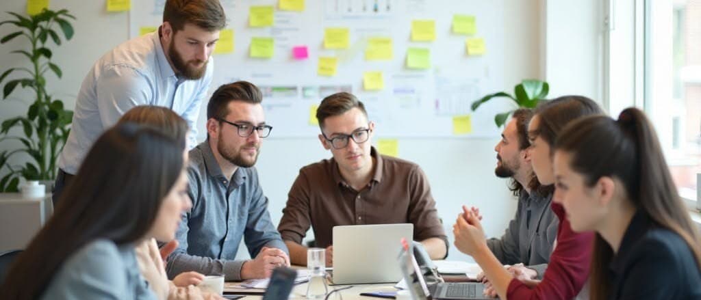 Equipo de trabajo reunido alrededor de una mesa en una oficina, frente a un tablero de notas